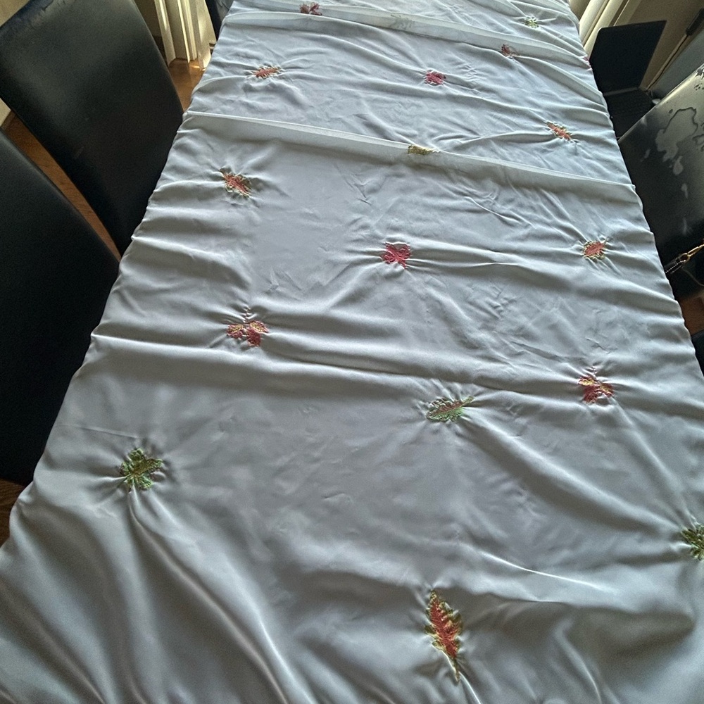 Gorgeous sheer tablecloth with embroidered leaves, with matching cotton napkins